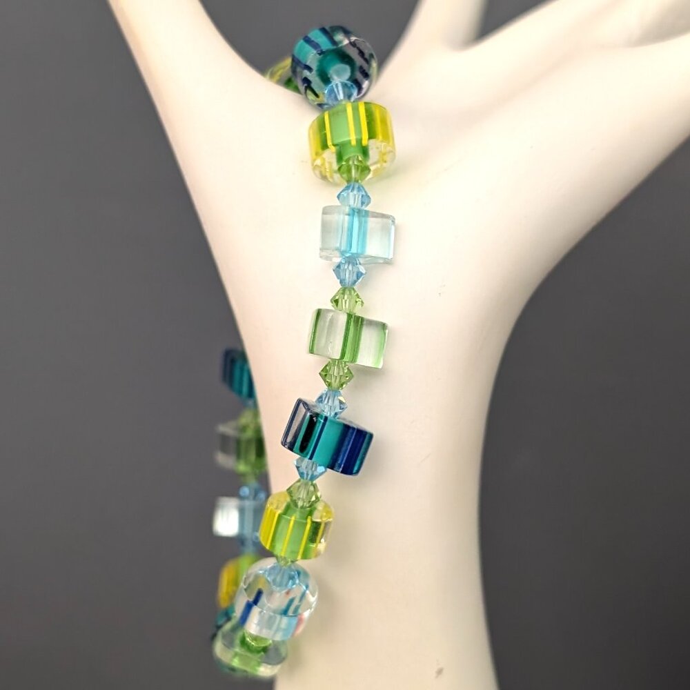 Art glass bracelet-blue, clear, green and yellow